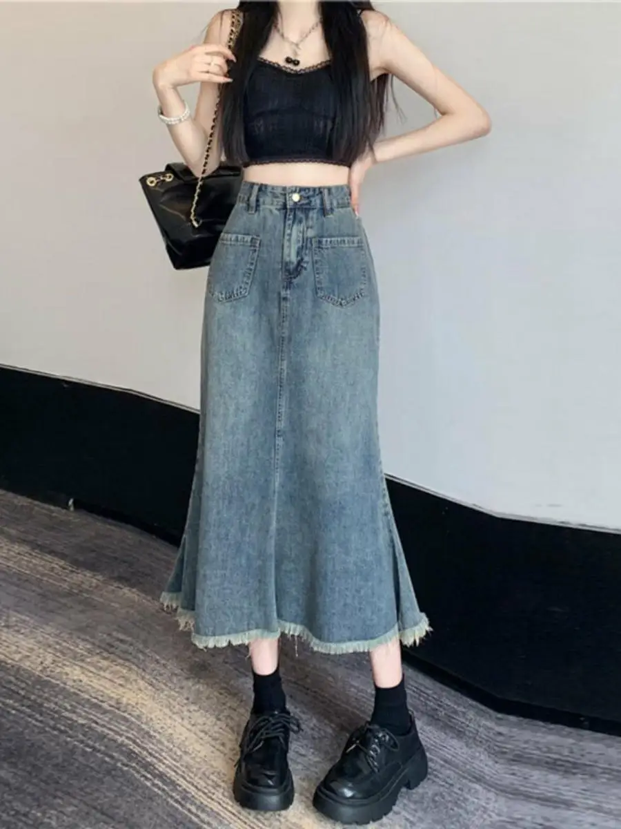 

Джинсовая юбка трапециевидной формы с высокой талией и хвостом, женская дизайнерская юбка средней длины с запахом в стиле ретро, универсальная мясная юбка...