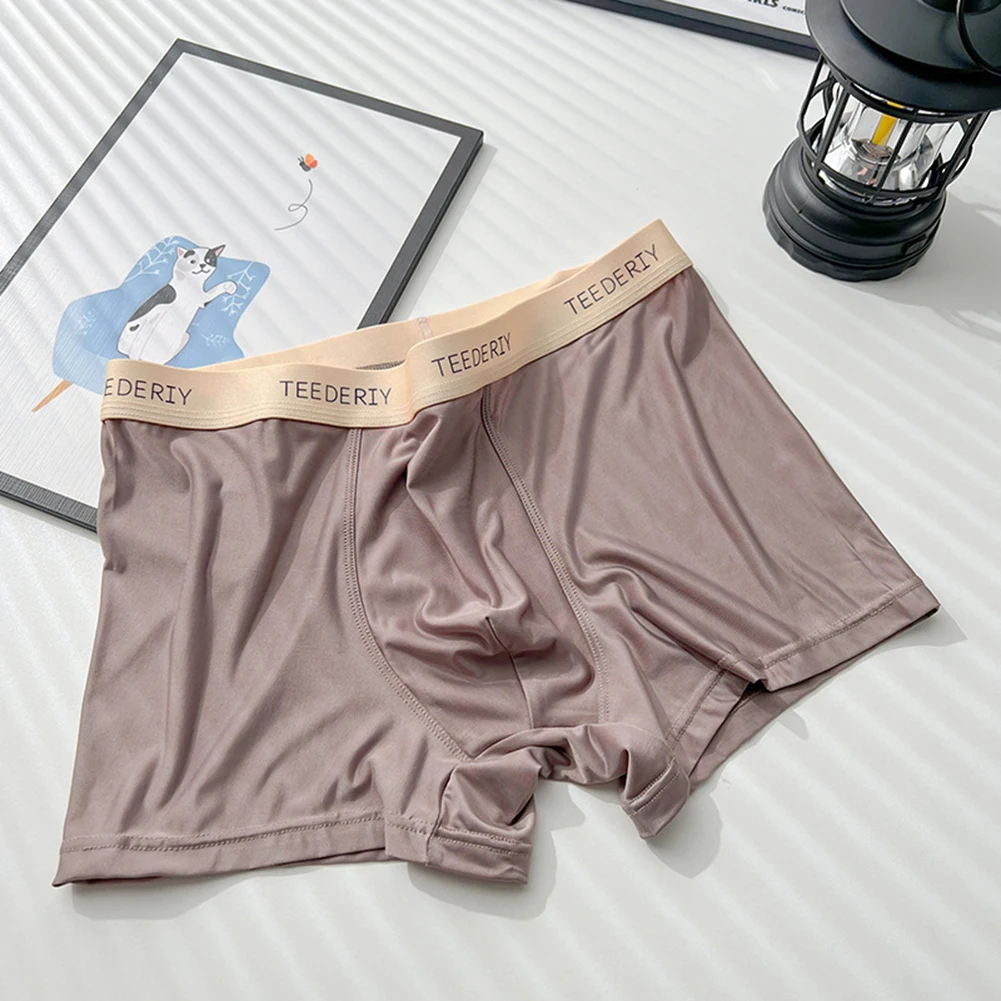 Men’s Solid Colour Middle Waist Ice Silk Briefs Skin Friendly Shorts Breathable Soft Underpants Elastic Waistband-Panties