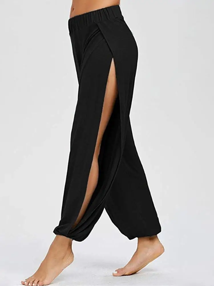 Hip Hop Style femmes sarouel taille haute fente latérale conception jambe large pantalon décontracté couleur unie pantalon de danse
