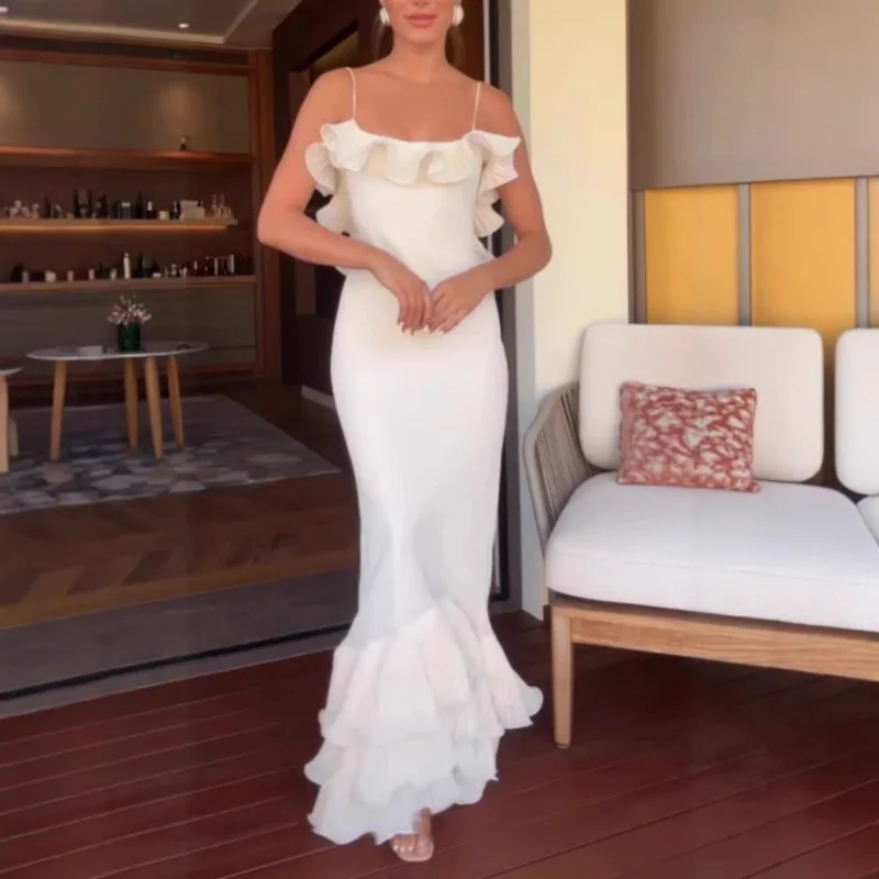 

2026 Spring and Summer New Suspender Leaking Back Ruffle Edge Dress Hip Wrap Dress Long Dress