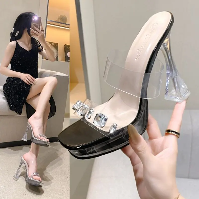 Big size 35- 42 Rhinestones Bowknot Transparent PVC Women Slippers Elegant High heels Summer Shoes Sandals Fashion  Mules Slides