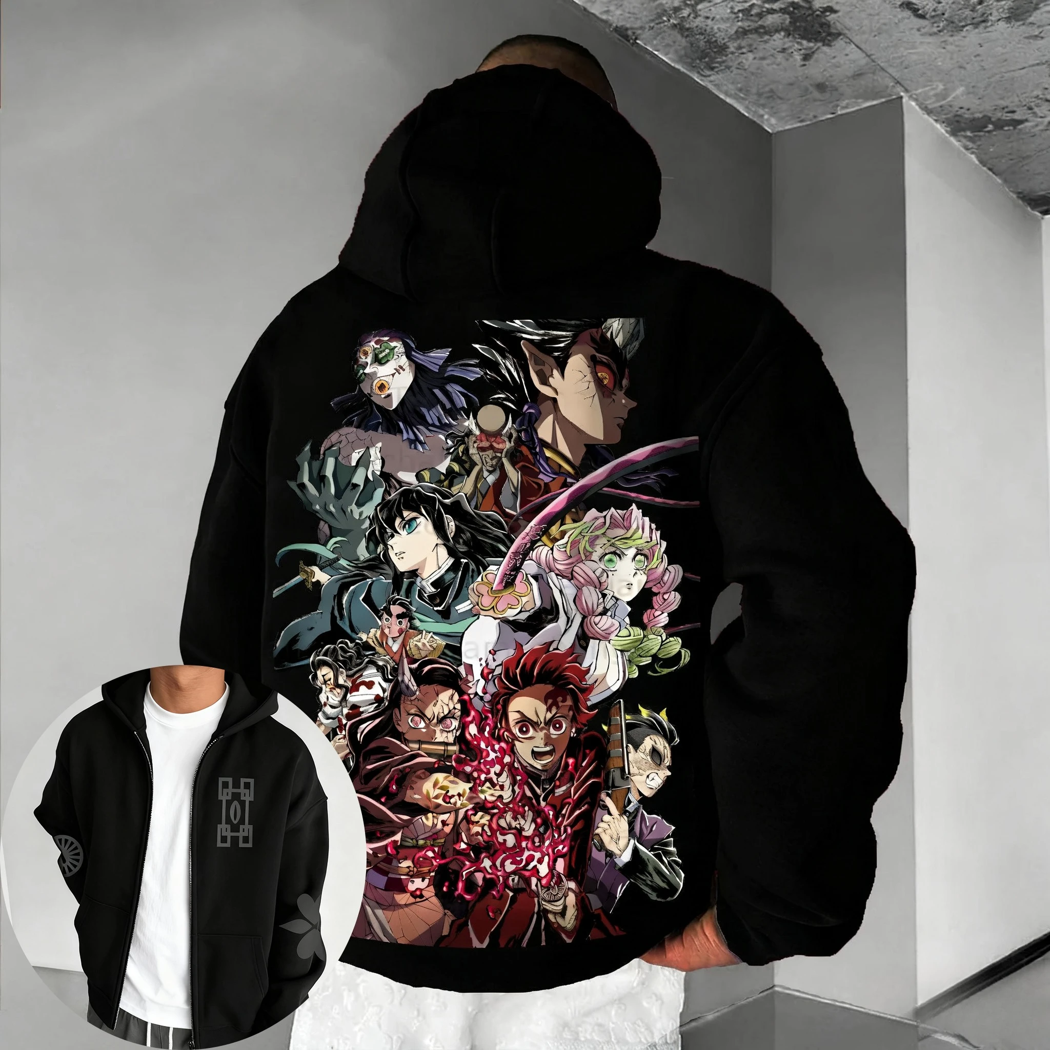 شيطان القاتل أنيمي تنوعا قلنسوة بسحاب 2025 الرجال والنساء الخريف/الشتاء جديد الأمريكية العصرية سترة فضفاضة غير رسمية