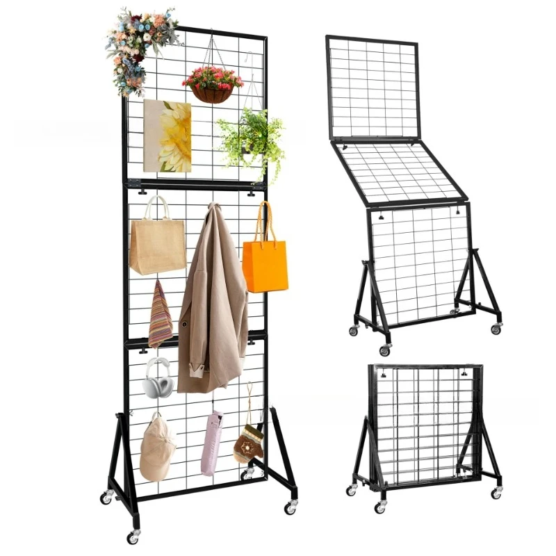 

Three-fold floor-to-ceiling mesh display rack, household multi-purpose storage rack with wheels