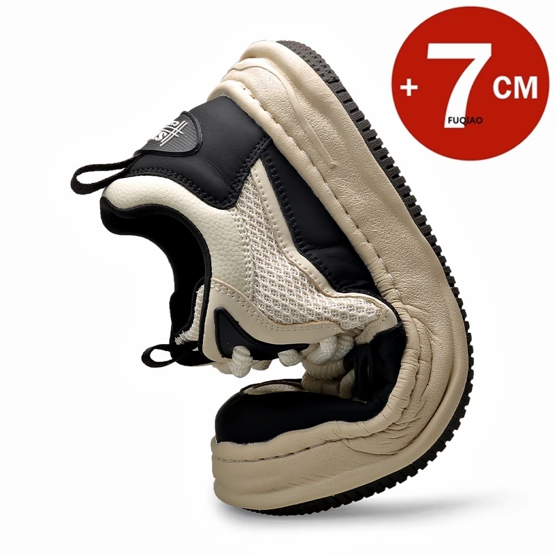 Zapatos de malla y cuero de vaca para hombre, zapatillas deportivas con plataforma, informales, ligeras, cómodas y transpirables, aumento de altura, 7CM