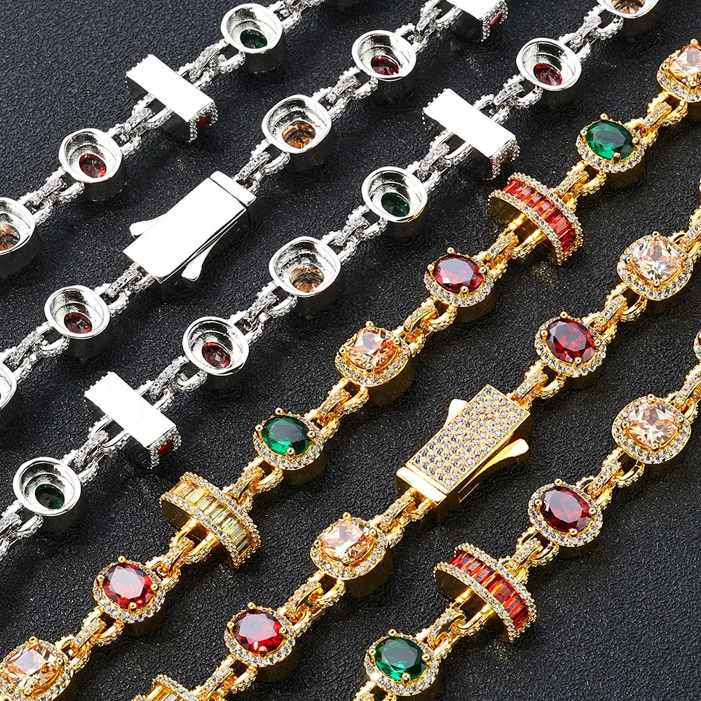 

2025 New Jewelry Men's Colorful Hip Hop Cuban Tennis Chain Red Shining Cube Zirconia Spring Buckle Head Customizable