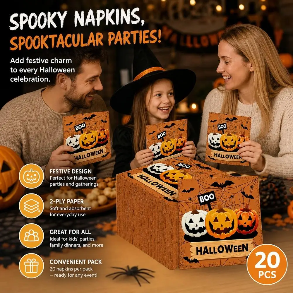 20pcs Halloween Disposable Napkins with Pumpkin Ghost and Black Cat Designs for Birthday Party Decorations (Square)