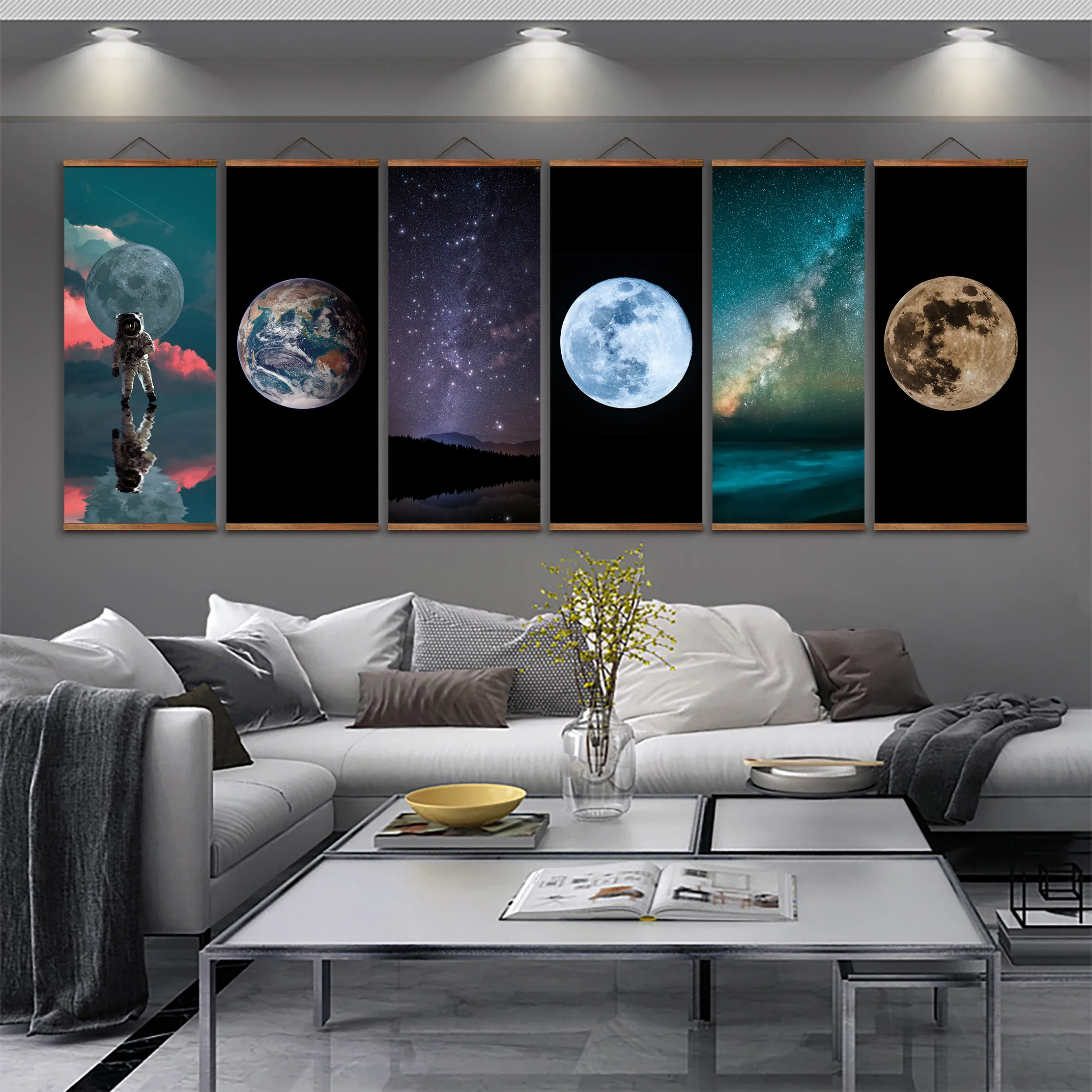 

MT0980 Chinese Style Galaxy ( Space Milky Way Saturn Mars Moon ) Canvas Decorative Wall Art Posters Solid Wood Scroll Paintings
