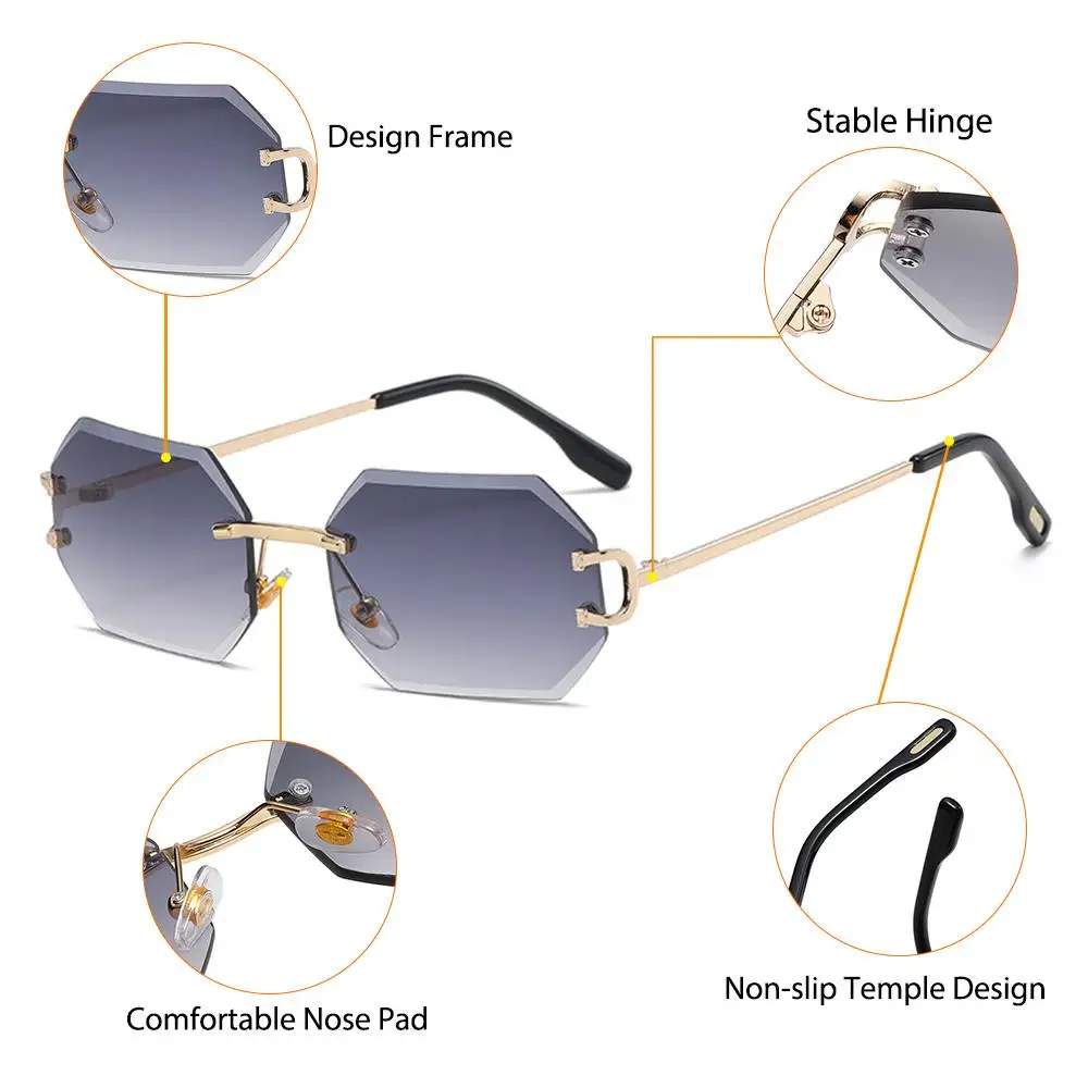 CATERSIDE Herren-Sonnenbrille ohne Rahmen, hochwertige polygonale Sonnenbrille aus Metall, Damen-Sonnenbrille für Outdoor-Reisen, Strand, Sommer, UV400 – Detail 2
