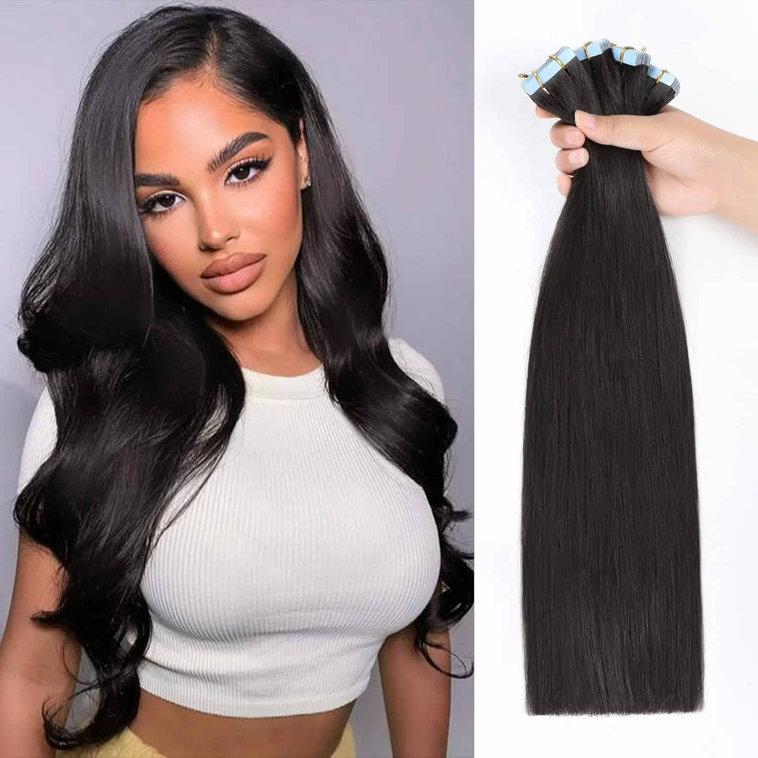 

Tape In Hair Extensions Human Hair 1B Off Black 18inch Invisible Tape In Hair Extensions Seamless Silky Straight Real Human Hair