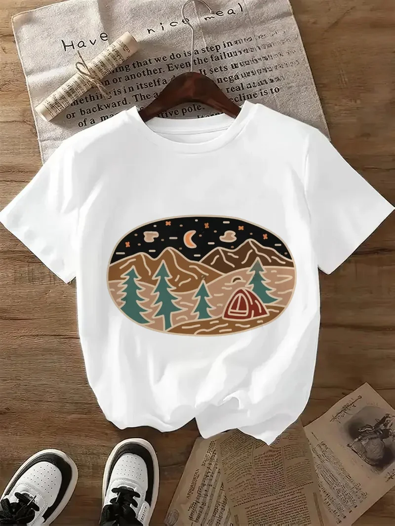 

Casual Round Neck Women's Printed Night Camping Pattern Mountain Tent Printed T-Shirt Short Sleeved Summer Fashion Top T-Shirt