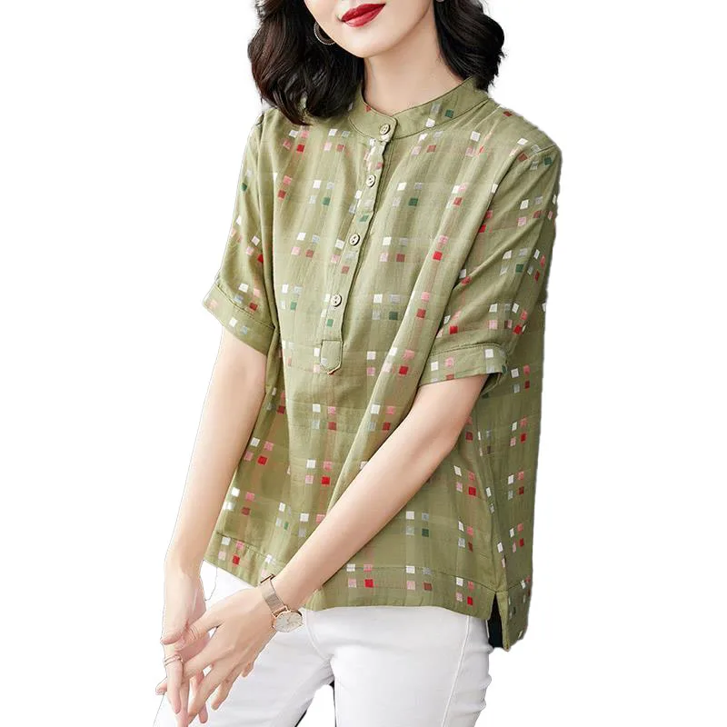 Fashion Printed O-Neck Loose Short Sleeve Plaid Blouse Women\'s Clothing 2023 Summer New Casual Pullovers Commuter Shirt