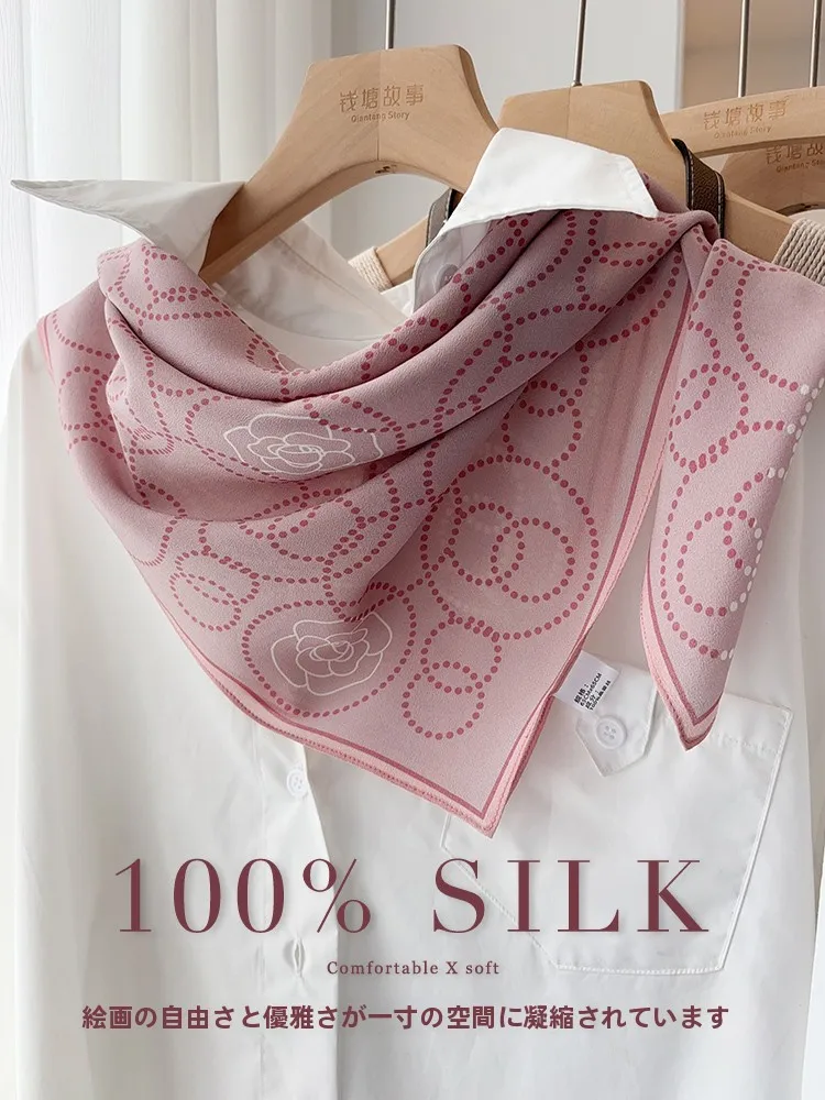 エレガントなソフトピンクの茶花シルクスカーフ女性の春夏マルベリーシルク多用途ネックスカーフ韓国スタイルプリントラップ