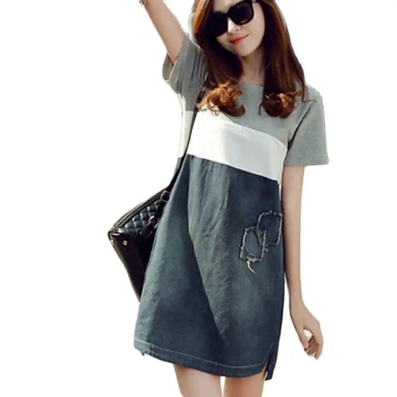 

2019 summer new short-sleeved stitching denim dress female Korean version large size women's slim A word bottoming dress s44