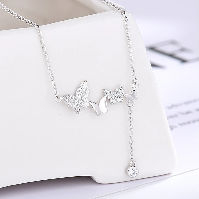 Christmas Gift 925 Sterling Silver sSparkling Diamond Butterfly Necklace Fashionable Tassel Collarbone Chain Birthday Gift Jewel
