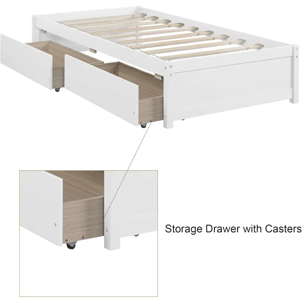 Twin Size Platform Bed with 2 Storage Drawers Under Bed, Solid Wood Daybed with No Headboard for Kids Teen Boys Grils