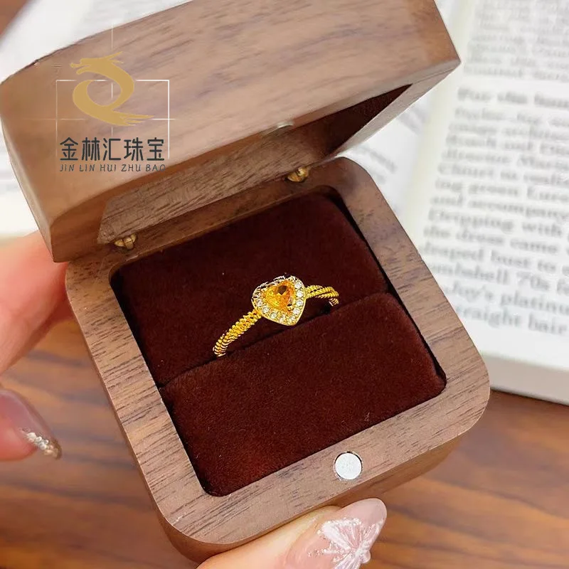 

Женское кольцо с открытым сердцем из 24-каратного золота AU999, инкрустированное цирконом и желтым бриллиантом, 3D-полый дизайн с ослепительными вставками, острое для повседневного ношения