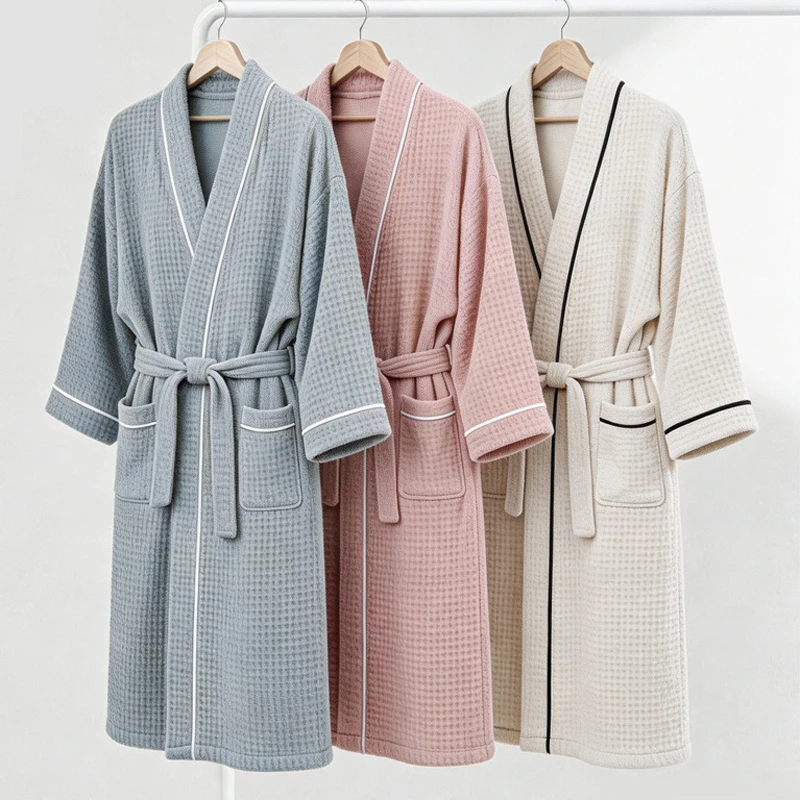 Microfiber Waffle Bathrobe Kimono Spa Robe With Belt Pockets Soft Comfortable Sleepwear Wearable Bath Towel For Home Hotel Use