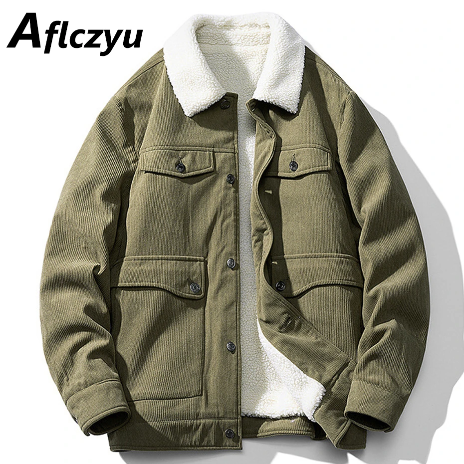 

Corduroy Jacket Men Winter Fleece Jacket Coats Fashion Casual Solid Color Cargo Jackets Corduroy Coats Male