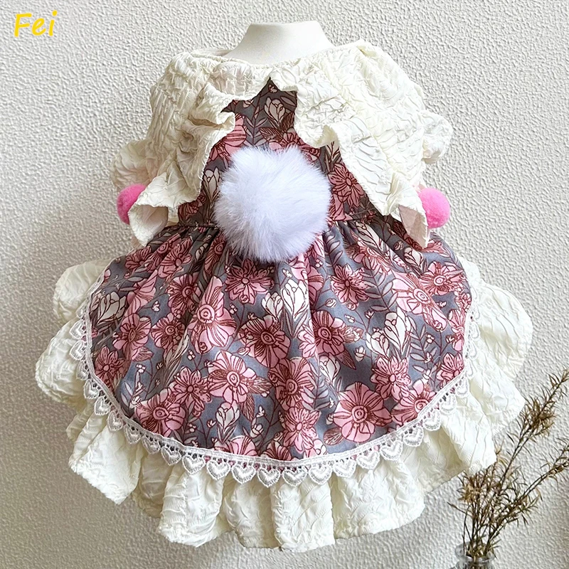 

Handmade Poodle Dress - Designer Rose Print Princess Gown w/Puff Sleeves,Dog Clothes for Teddy/Bichon,Winter Luxury Pet Skirt