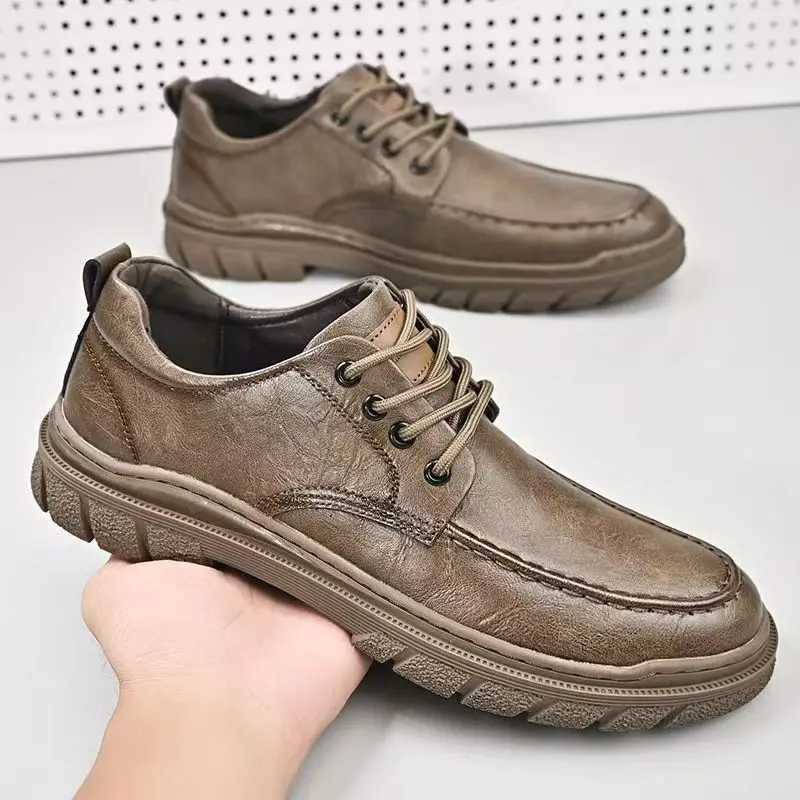 

Men's Spring Autumn New Leather Casual Shoes Soft Sole Non Slip Low Top Lace Up High Quality Breathable Retro Work Shoes