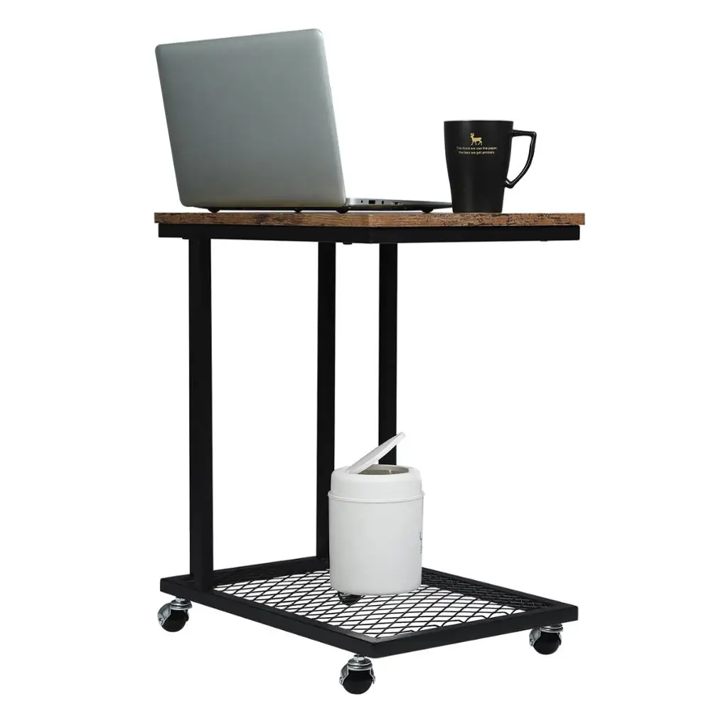 WOLTU C-förmiger Couchtisch, Beistelltisch auf Rollen mit Gitter-Ablagefach, industrieller Laptoptisch, Nachttisch mit Metallrahmen
