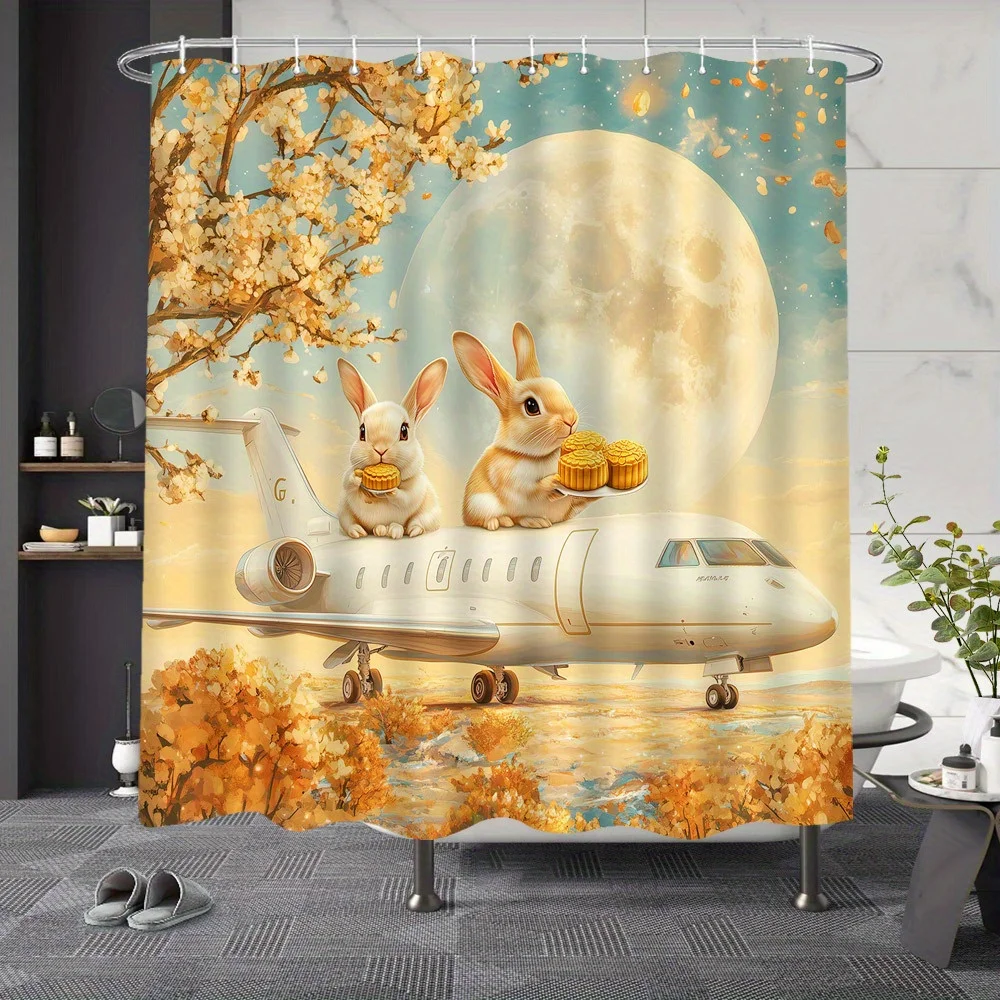 1pc Whimsical Fluffy Rabbits Jet Shower Curtain - Full Moon & Autumn Trees, Fade-Resistant Polyester,Modern Bathroom Decor