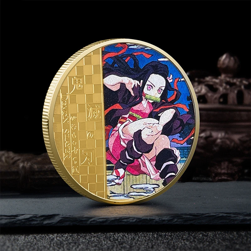 Bandai Demon Slayer Commemorative Coin Tanjiro Nezuko Color Drawing Collection Metal Accessories Animation Products Toys