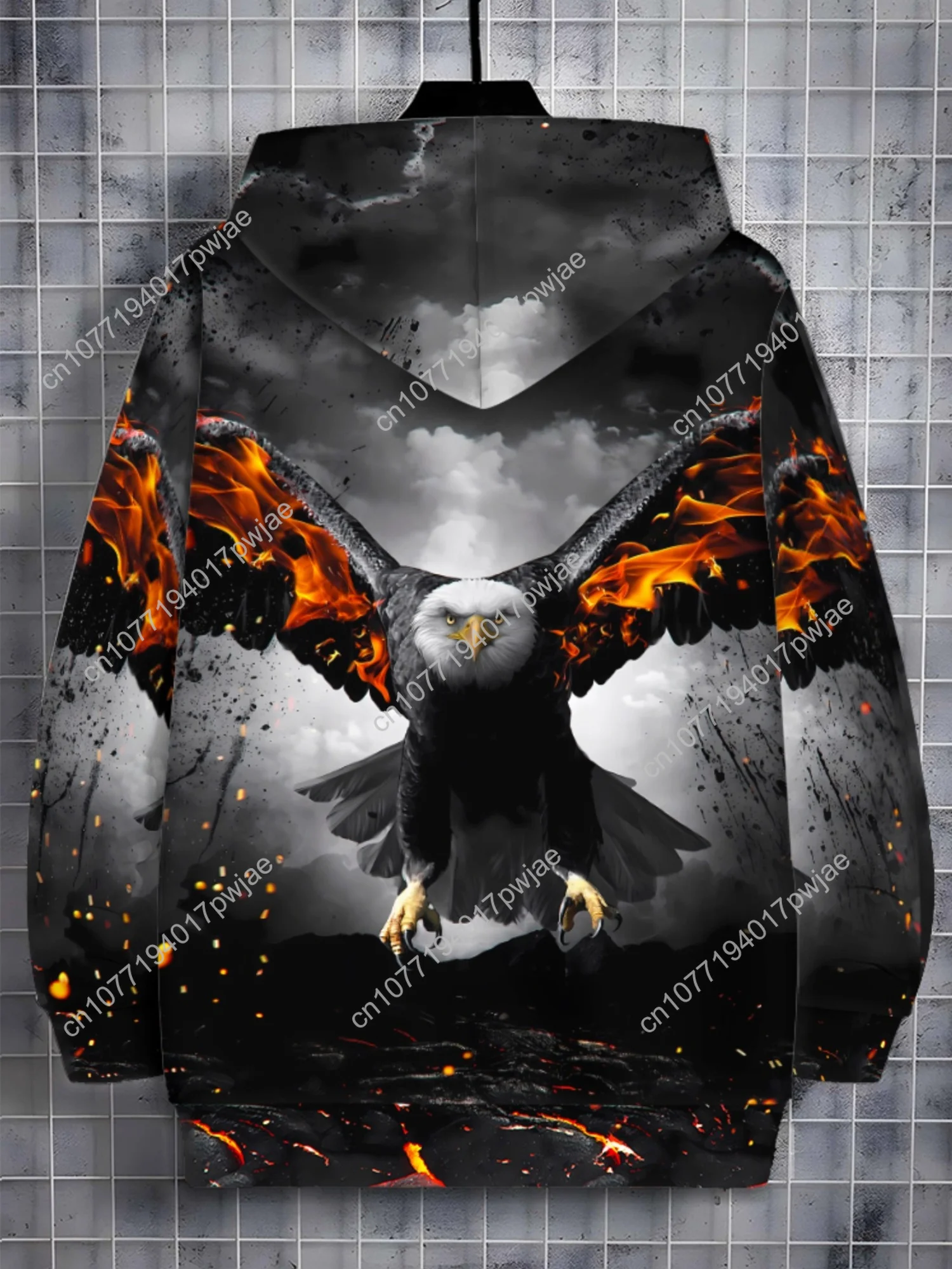 Moletom masculino com zíper Fiery Eagle, poliéster durável, leve e elegante, moletom com capuz gráfico em negrito, ajuste confortável, para viagens em academia ou