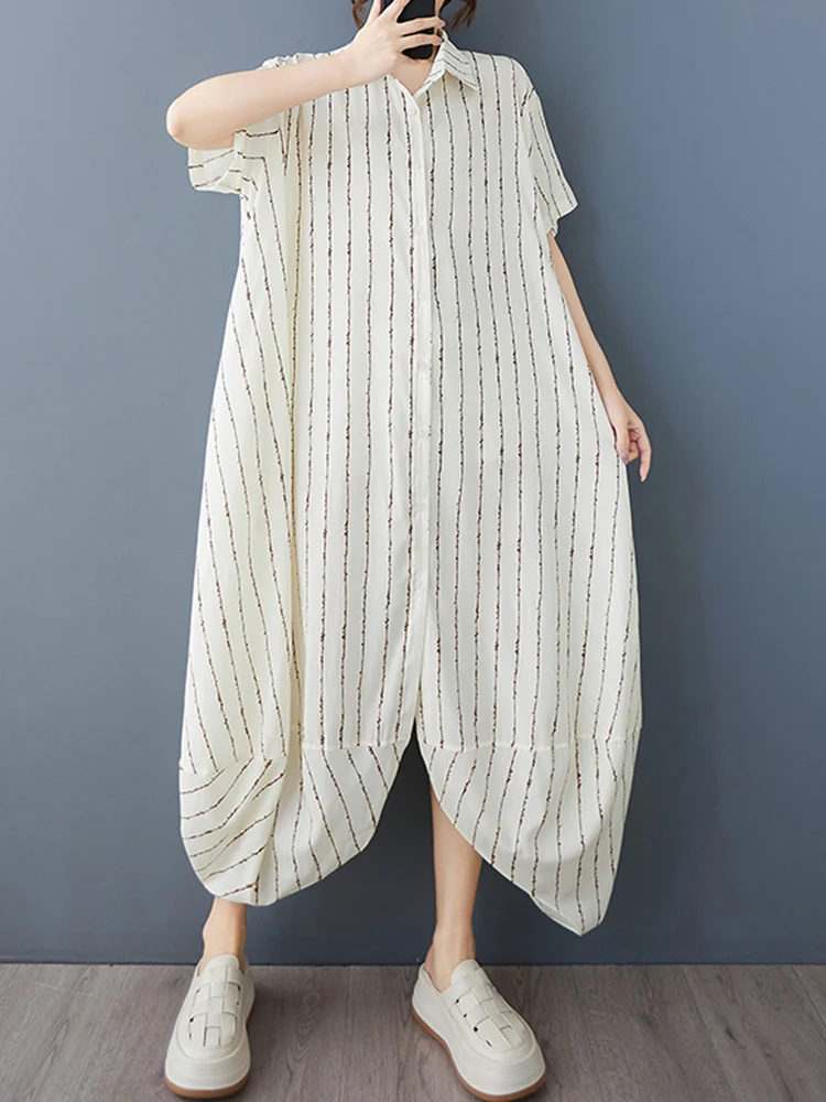 Abiti camicia oversize vintage a righe irregolari per le donne Estate nuova manica corta allentata abito lungo casual abbigliamento elegante 2025