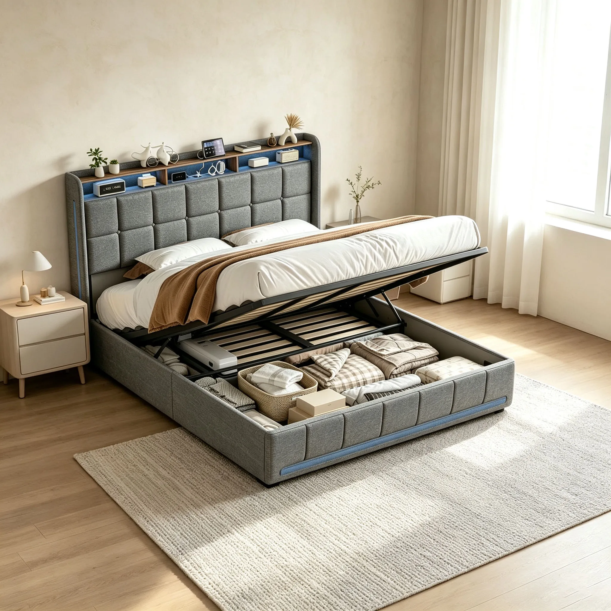 Comanlai, letto moderno con struttura a piattaforma in lino grigio, dimensioni 160x200 cm, letto con vano contenitore sottostante a sollevamento idraulico, testiera alta con bottoni decorativi,