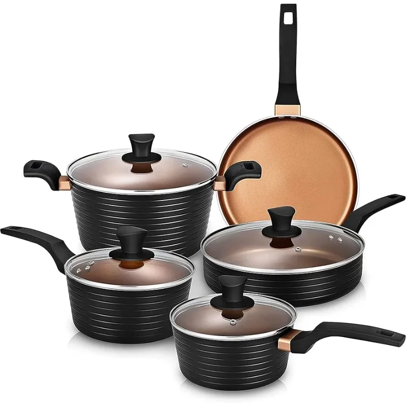 

Pots and Pans Sets, Nonstick Cookware Set, Induction, Chemical-Free Kitchen Sets, Saucepan, Frying Pan, Saute Pan Black 9 Pieces