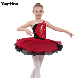 Kids Girls Shiny Rhinestone Artistic Figure Skating Ballet Dress Ruffle Rhythmic Gymnastics Ballet Jersey Lyrical Dance Dress