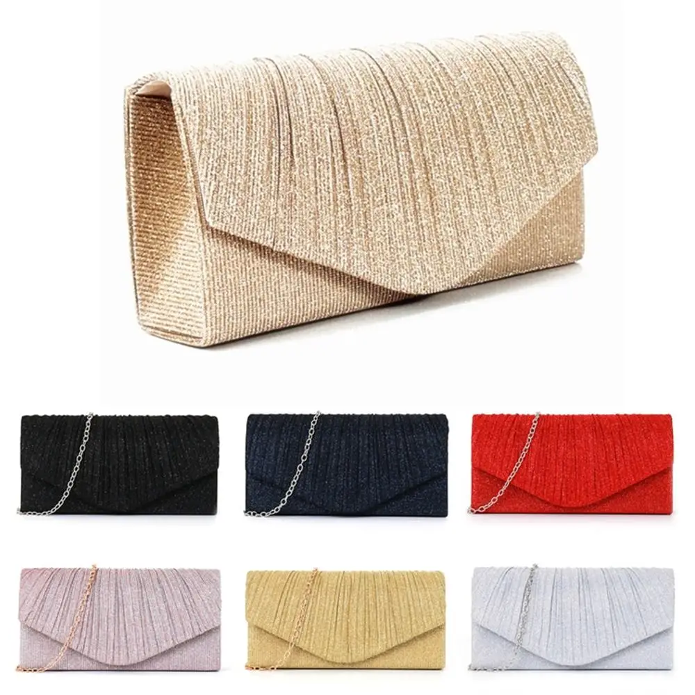Versatile Elegant Evening Bag Shiny with Pleated Shoulder Purse Envelope Style Long Chain Dinner Bag For Women