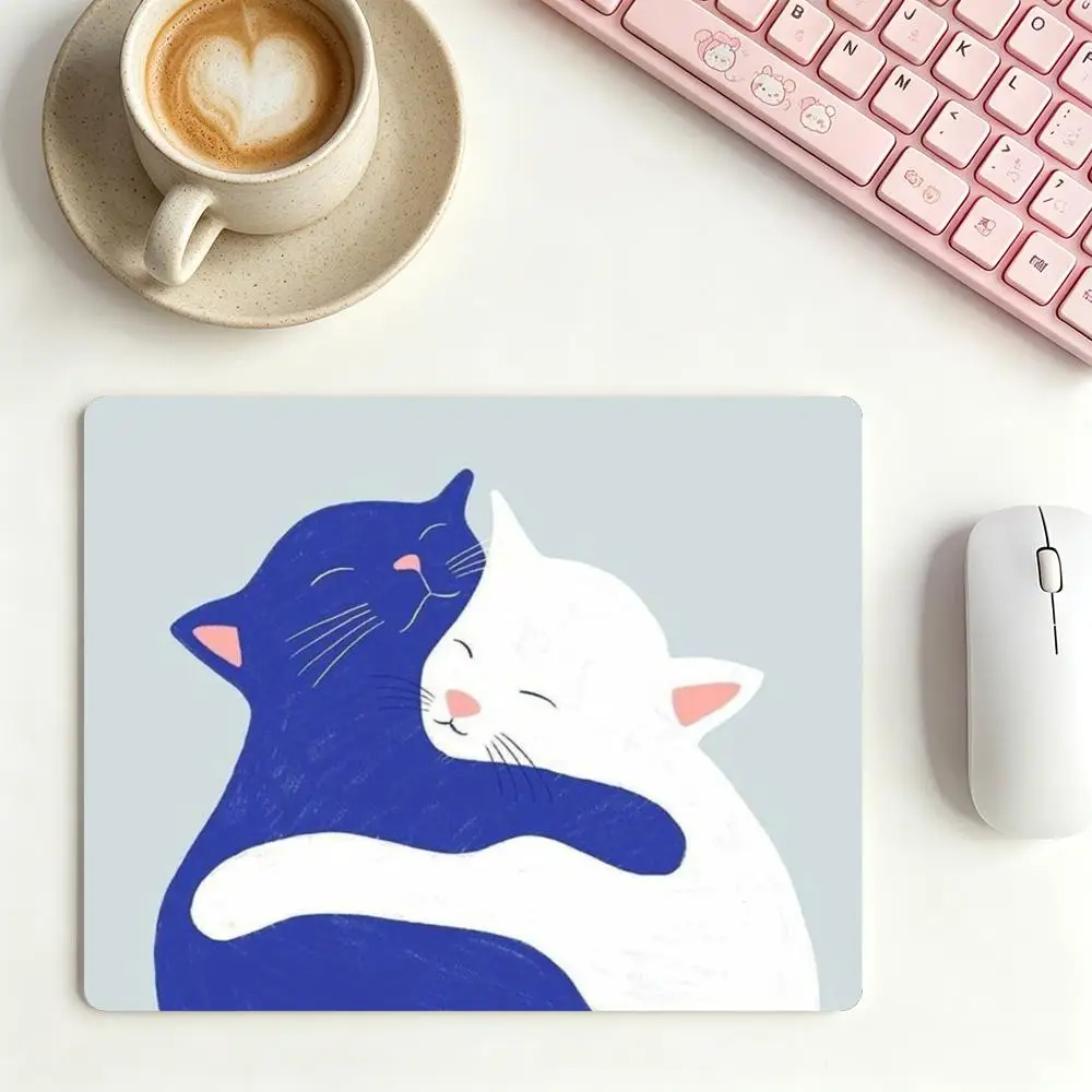 Minimal Flat Illustration Of Blue Cat Hugging White Cat Soft Tone Fit Student Laptop Bedroom Game Card Pad