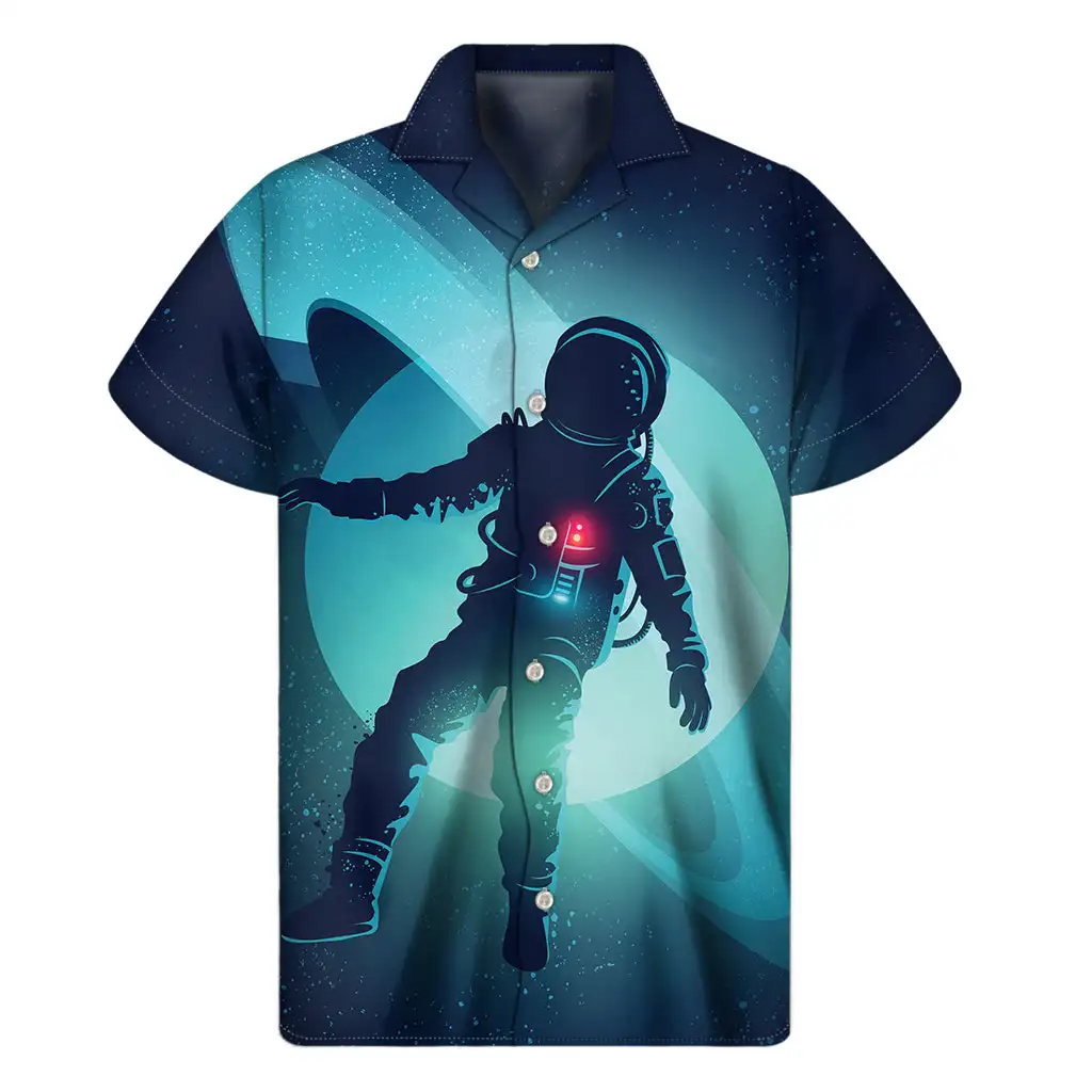 Astronaut Print Men's Short Sleeve Shirt Fashionable Hawaiian Cardigan Men's Top Large Size Casual Men's Shirt 2024 New Style