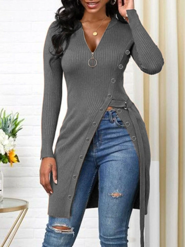 

New European and American Women's V-neck Long Sleeve High Slit Threaded Zipper T-shirt Tops