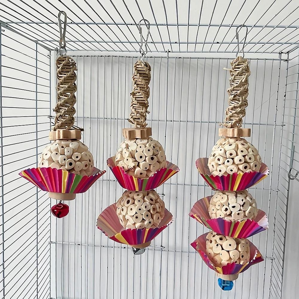 

Bird Supplies Hanging Parrot Chew Toy with Natural Beads Colorful Paper Fan Bird Cage Toy for Small Medium Birds