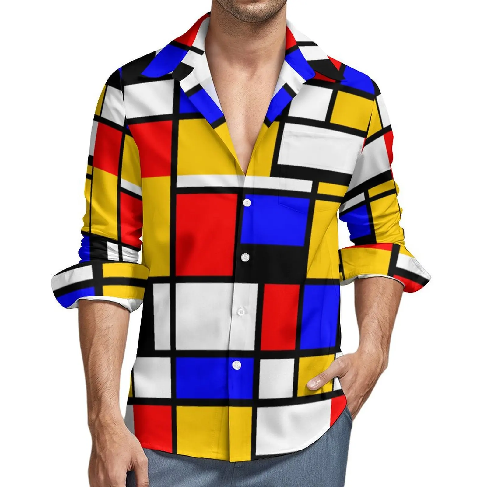 

Multi Geometric Print Casual Shirt Men Art Mondrian Style Streetwear Shirt Autumn Vintage Blouse Long Sleeve Design Oversized Cl