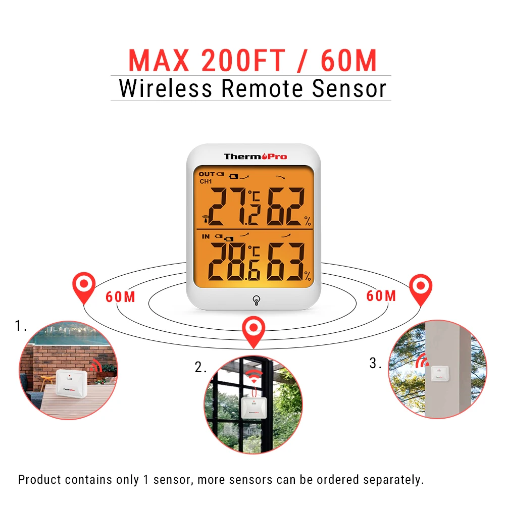 ThermoPro TP63C bezprzewodowy 60m wewnętrzny zewnętrzny cyfrowy termometr pokojowy higrometr do domowej stacji pogodowej podświetlany wyświetlacz