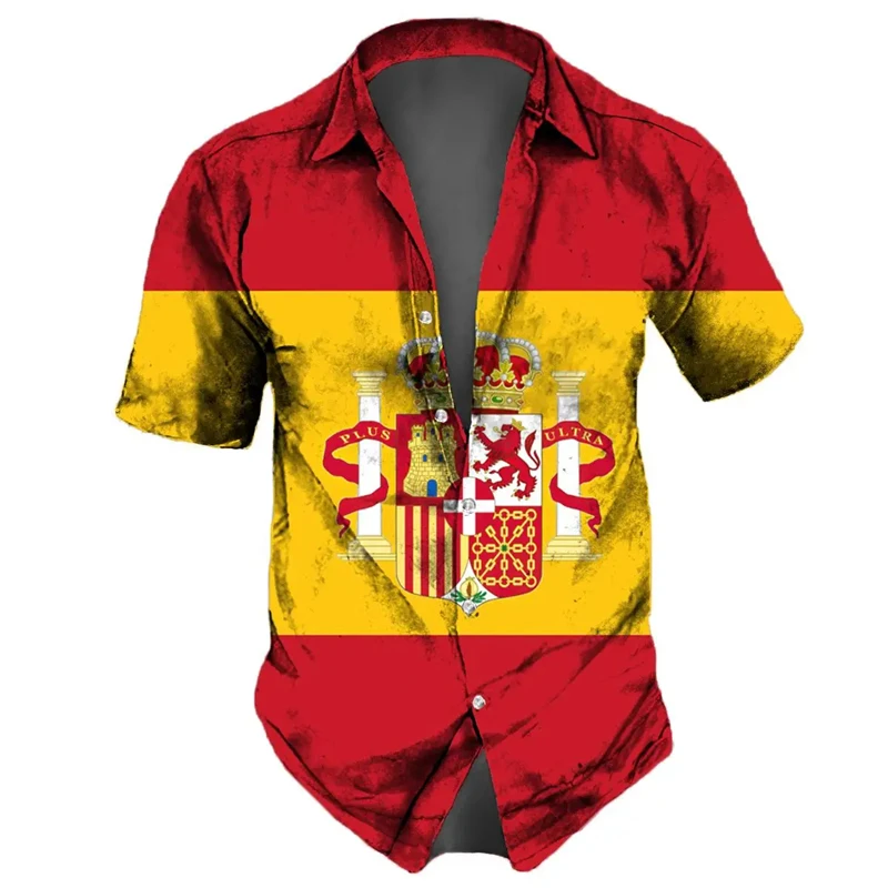 Camicie grafiche con emblema nazionale spagnolo per uomo abbigliamento bandiera spagnola camicette sportive Streetwear camicetta estiva con risvolto a maniche corte top