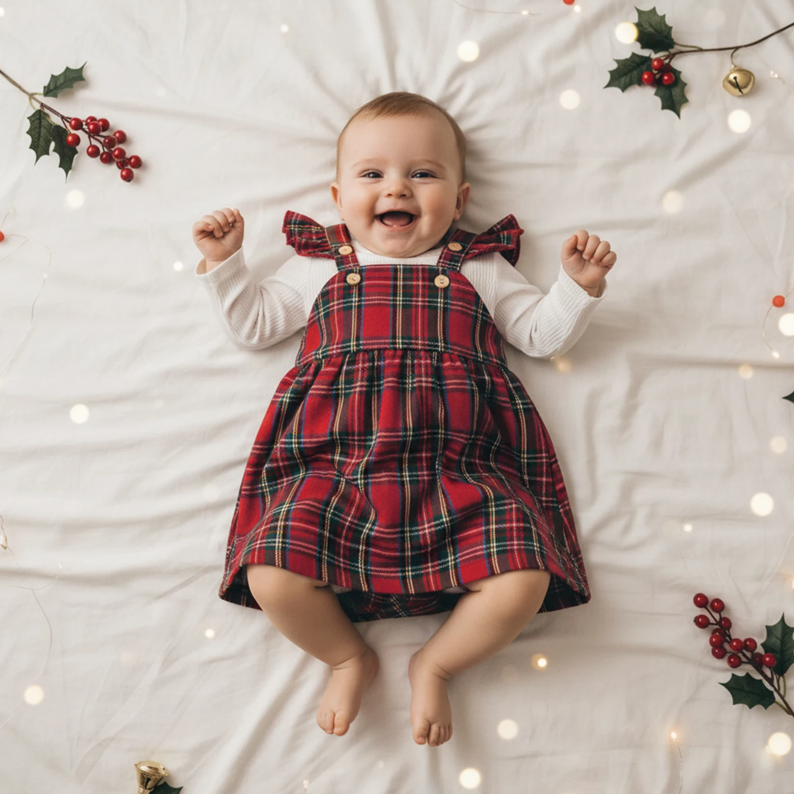 Baby Girl Christmas Outfit Solid Ribbed Long Sleeve Romper and Plaid Flying Sleeve Overall Dress 2 Piece Set