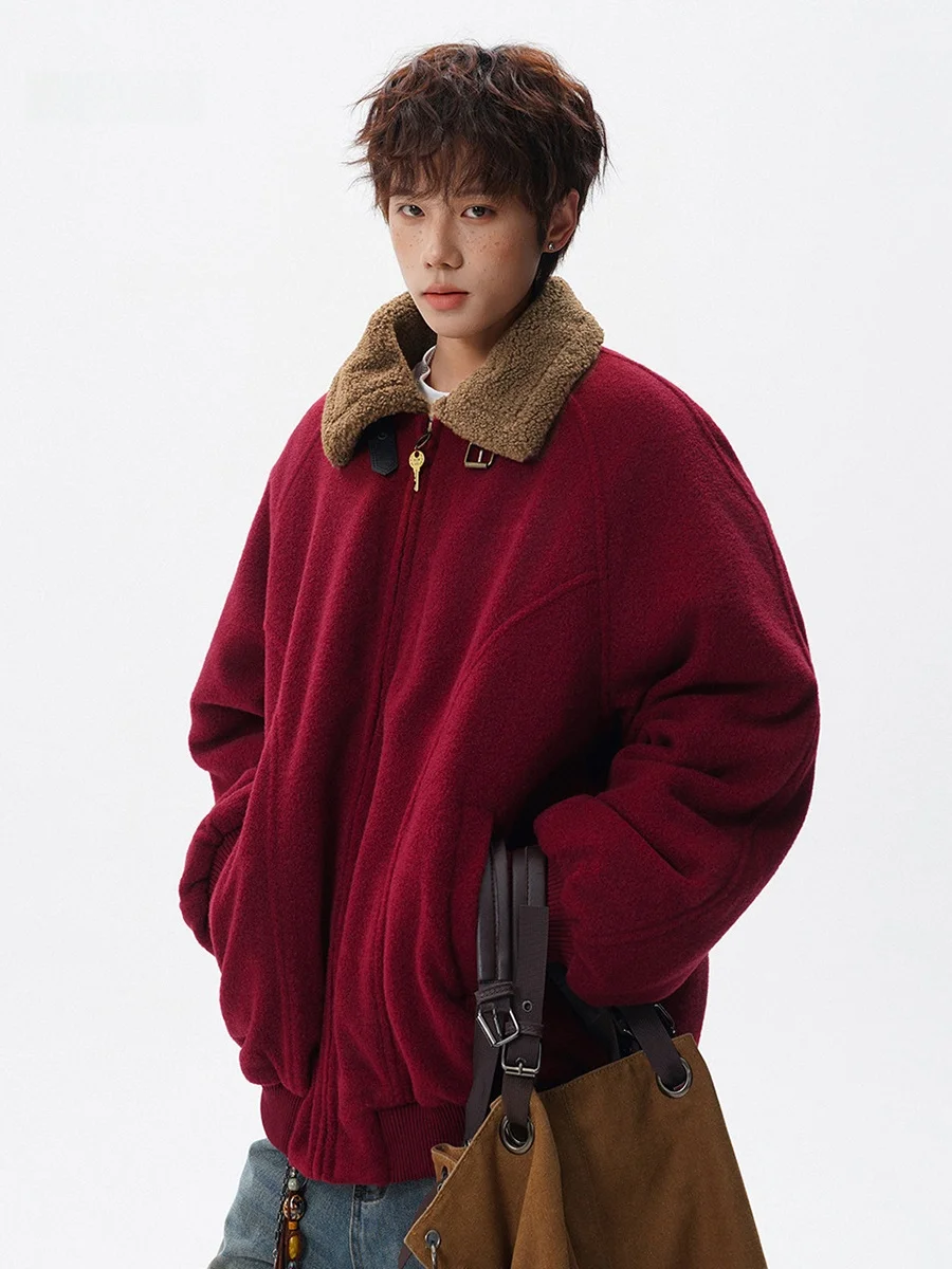 

Red Year of the Thiened Lamb Velvet Cotton Jaet Men's Winter Warm Versatile Zipper Closure Casual Sle Stand Fit