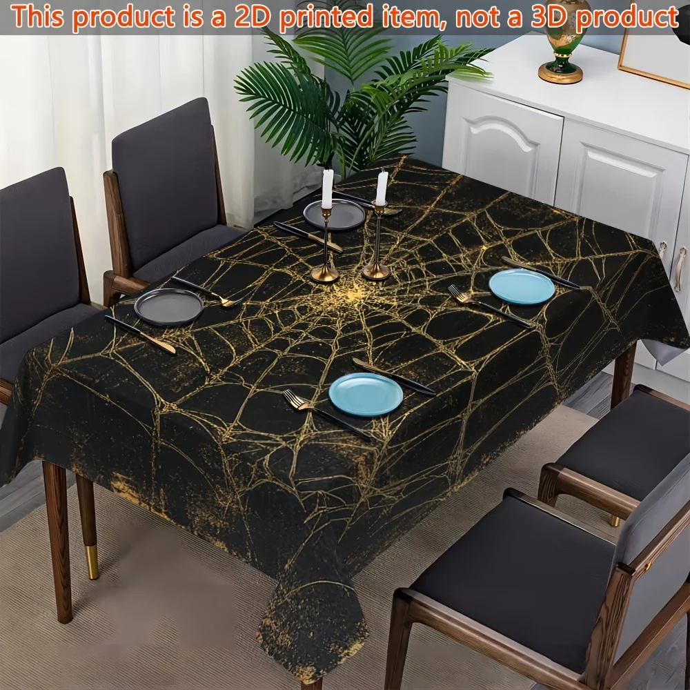 1pc Black Orb Spider Web Flat Print Tablecloth - Luxury Textured Polyester Rectangular Table Coverzyc