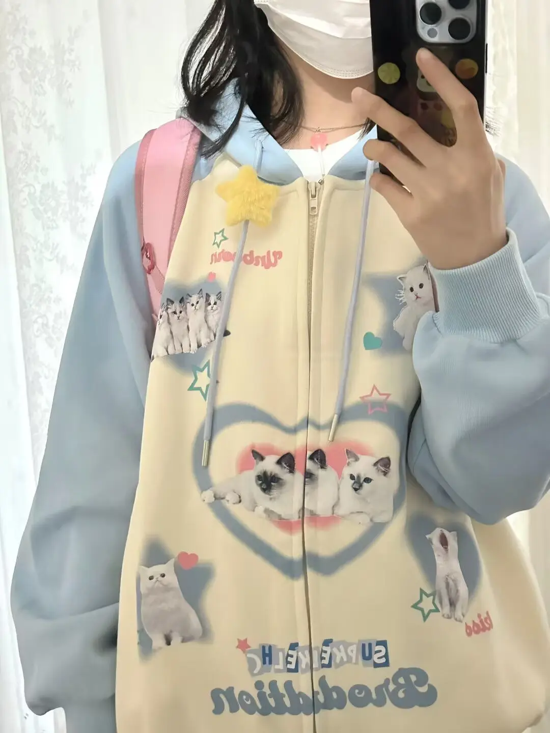 American Sky Blue Cotton Zipper Hoodie Jackets Kitten Cats Cute Y2K Print Sweatshirt Coat Loose Oversized Korean Kawaii Clothes