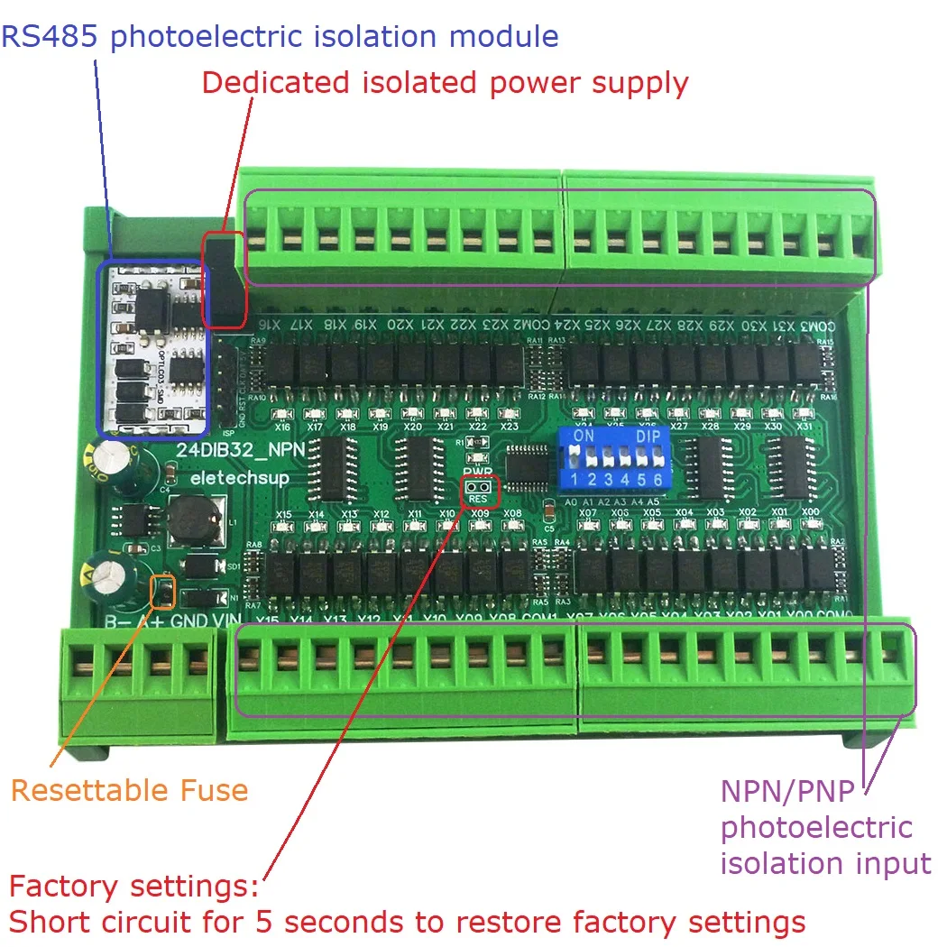 16-48 DI NPN/PNP Digital Switch PLC IO Expansion Board with 3000VDC Optical Isolation and RS485 Modbus RTU Input Module