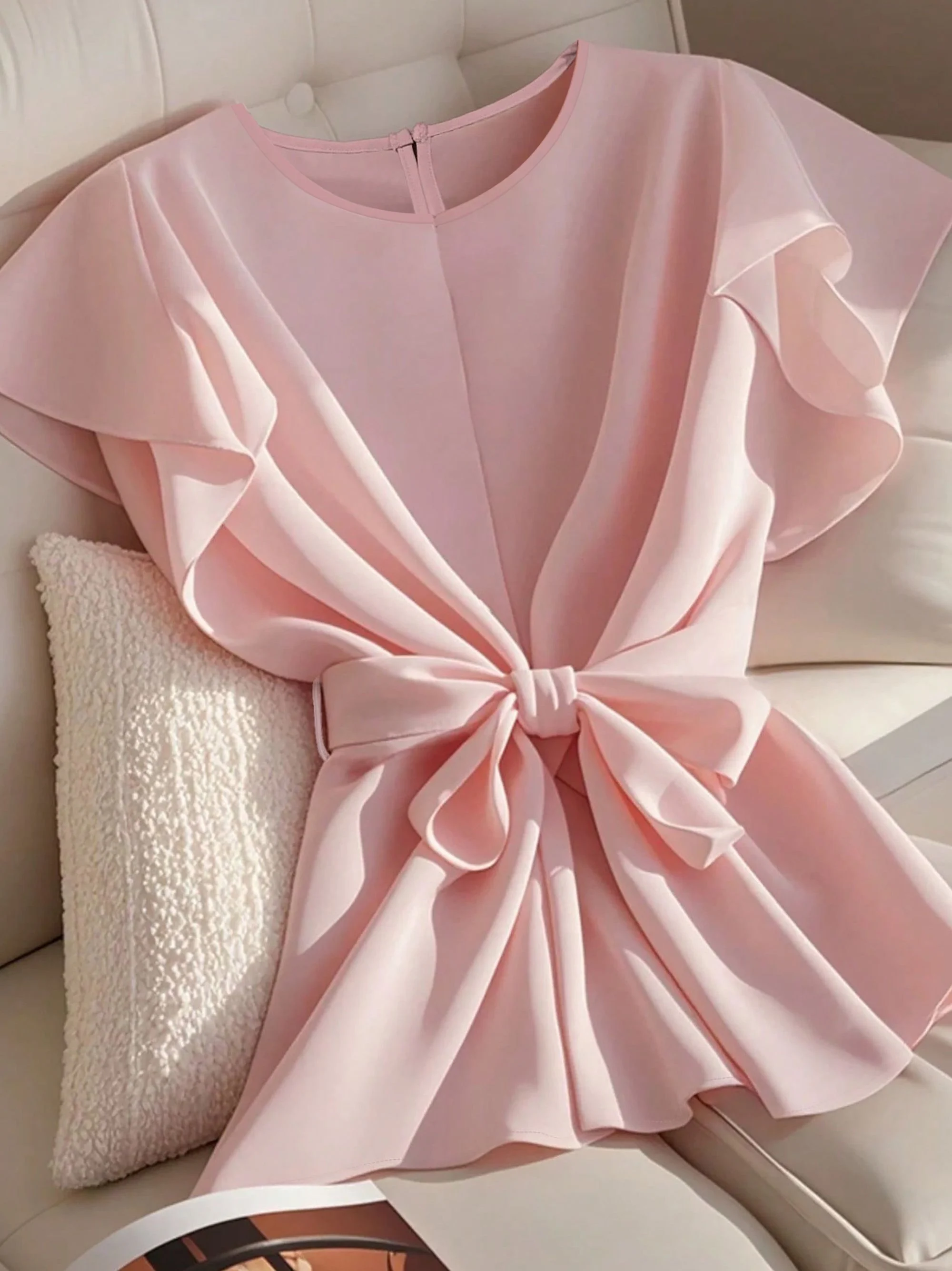 

Pop European And American Shirts, Women's Summer Temperament, Short Sleeved Shirts, Thin Shirts, Tied Up Pullovers