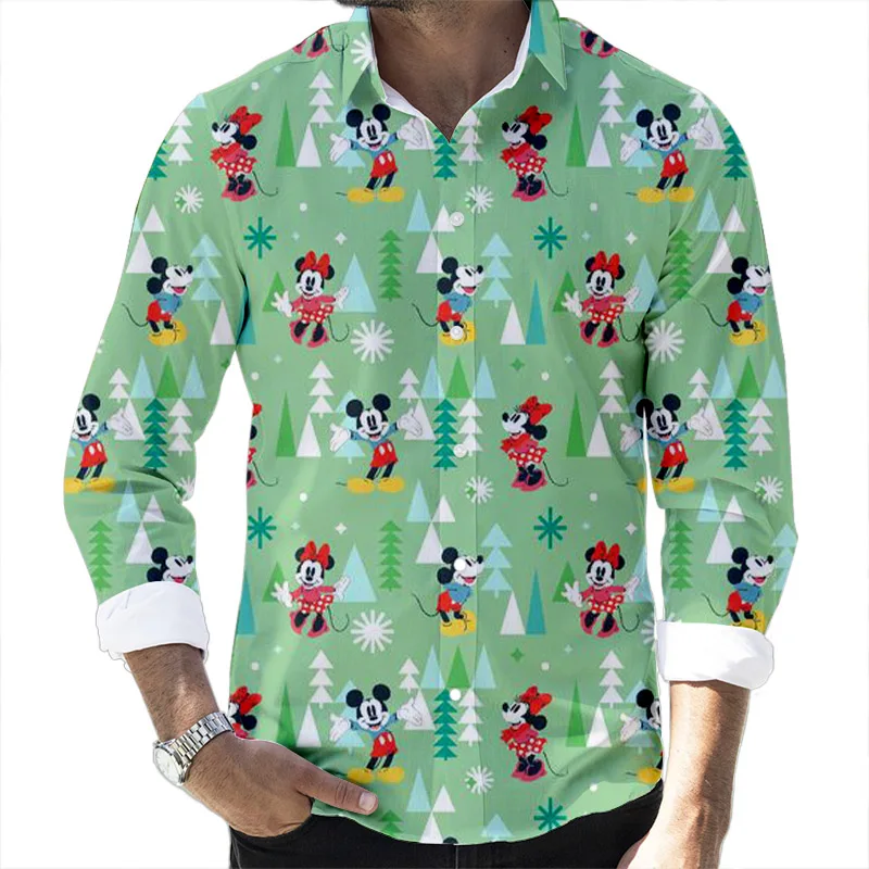 New Christmas Fall Popular Disney Brand Stitch and Mickey Anime 3D Printed Long Sleeve Lapel Shirt Slim Fit Men\'s Top y2k