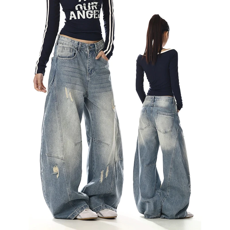 YIBASHU Women Ripped Jean American Retro Denim Blue Pants Y2k Design High Street Wide Fit Cowboy Japanese Harajuku Long Trousers