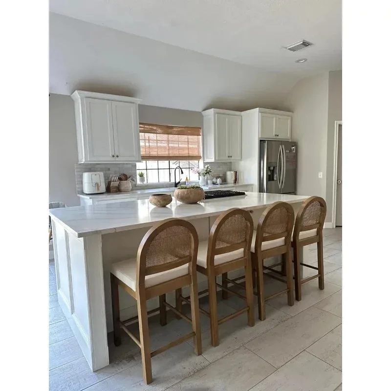 For Natural Woven Back Rattan Bar Stool Set, Counter Height Stool for Kitchen Island, Light Brown and Cream Boucle, Set of 4