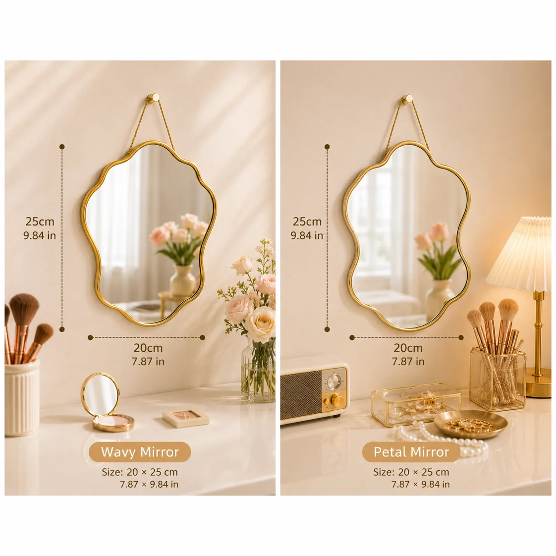 Gold Wavy Irregular Wall Mirror with Hanging Chain Aesthetic Wave Shaped Decor Mirror for Bedroom Vanity Bathroom HomeWall Decor